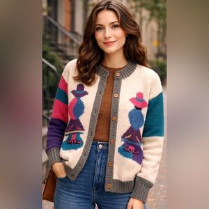 Vintage Hand Knit Wool Southwestern Cardigan Sweater Boho Folk Art‎ Medium